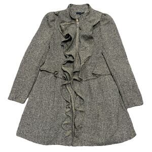 Ryu Brown & Cream Ruffle Tweed Coat Jacket Sz M Office Workwear Warm Trench